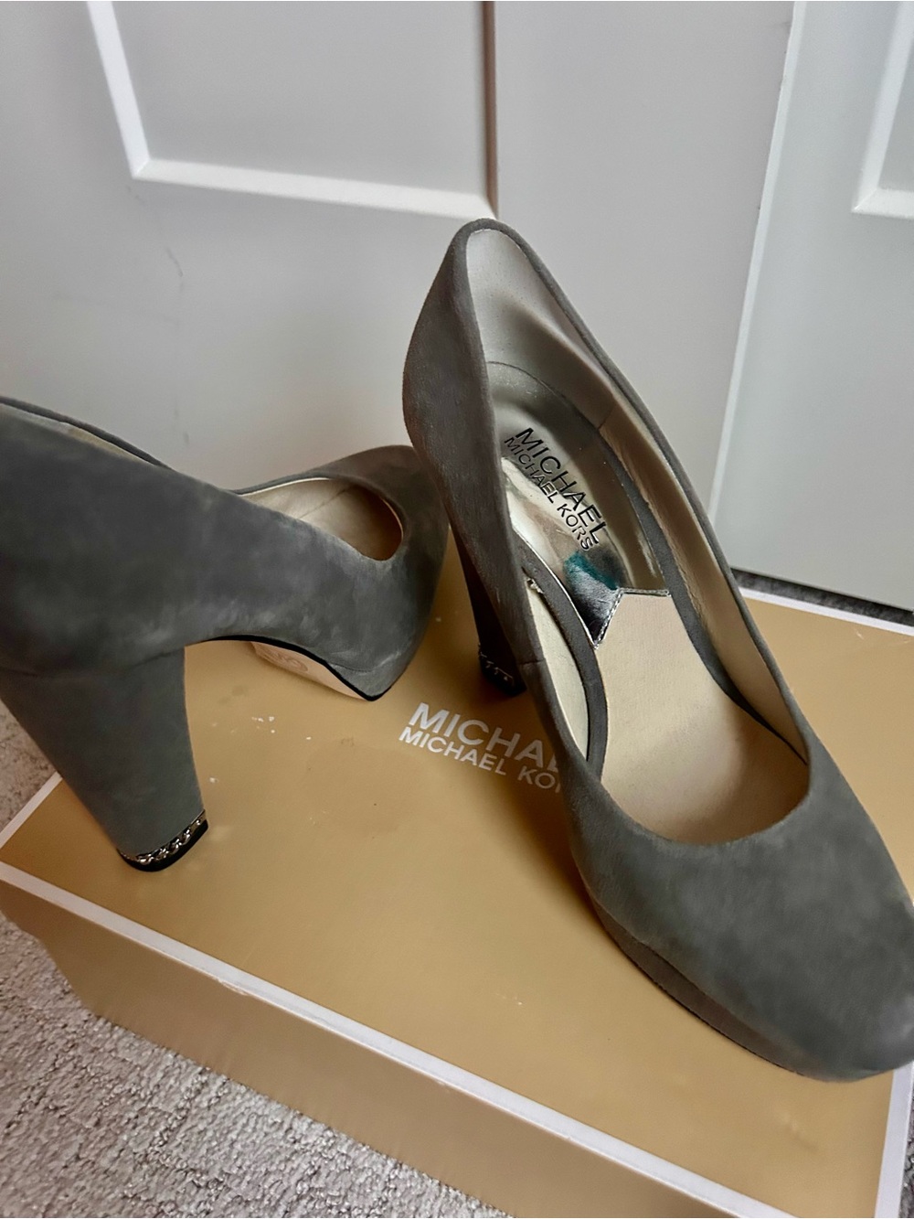 MICHAEL Michael Kors Gray Suede Block Heel Pumps